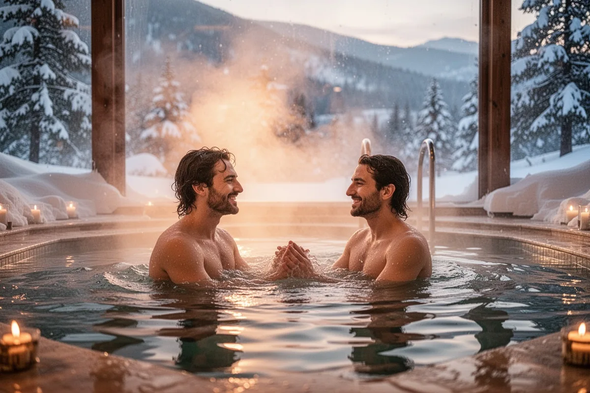 thermal spa bath Turkey couple romantic winter wellness steam and warm water