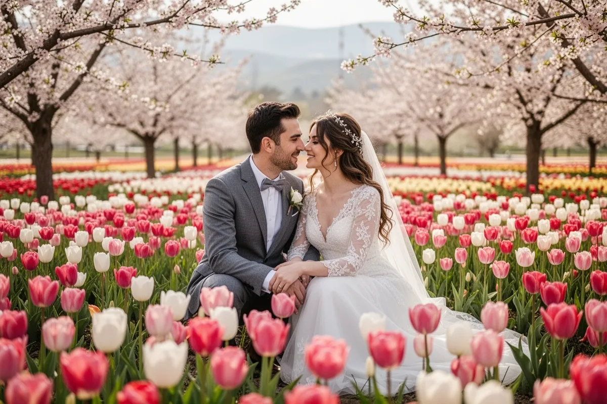 spring honeymoon couple in blooming flower field Turkey April romance tulips