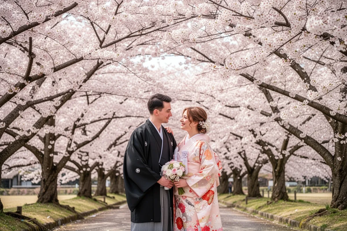 cherry blossom honeymoon Japan April romantic couple under sakura trees