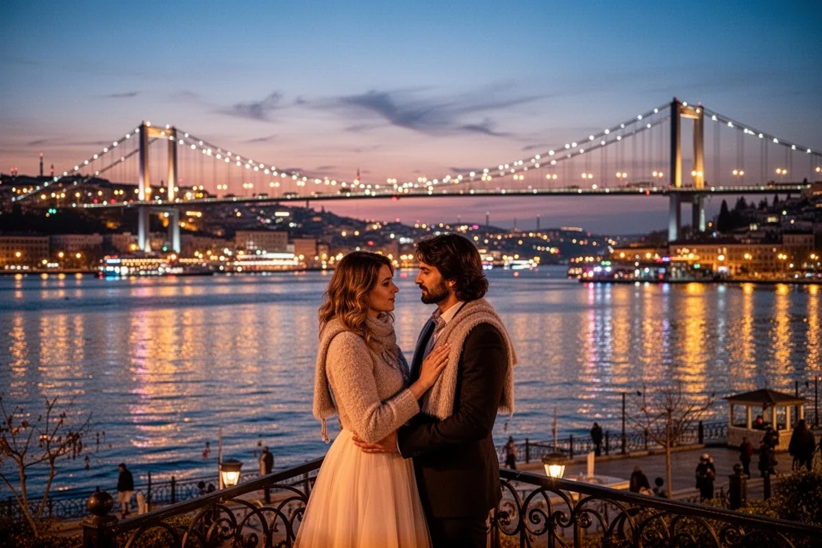 Istanbul Bosphorus romantic evening couple bridge lights reflection city skyline
