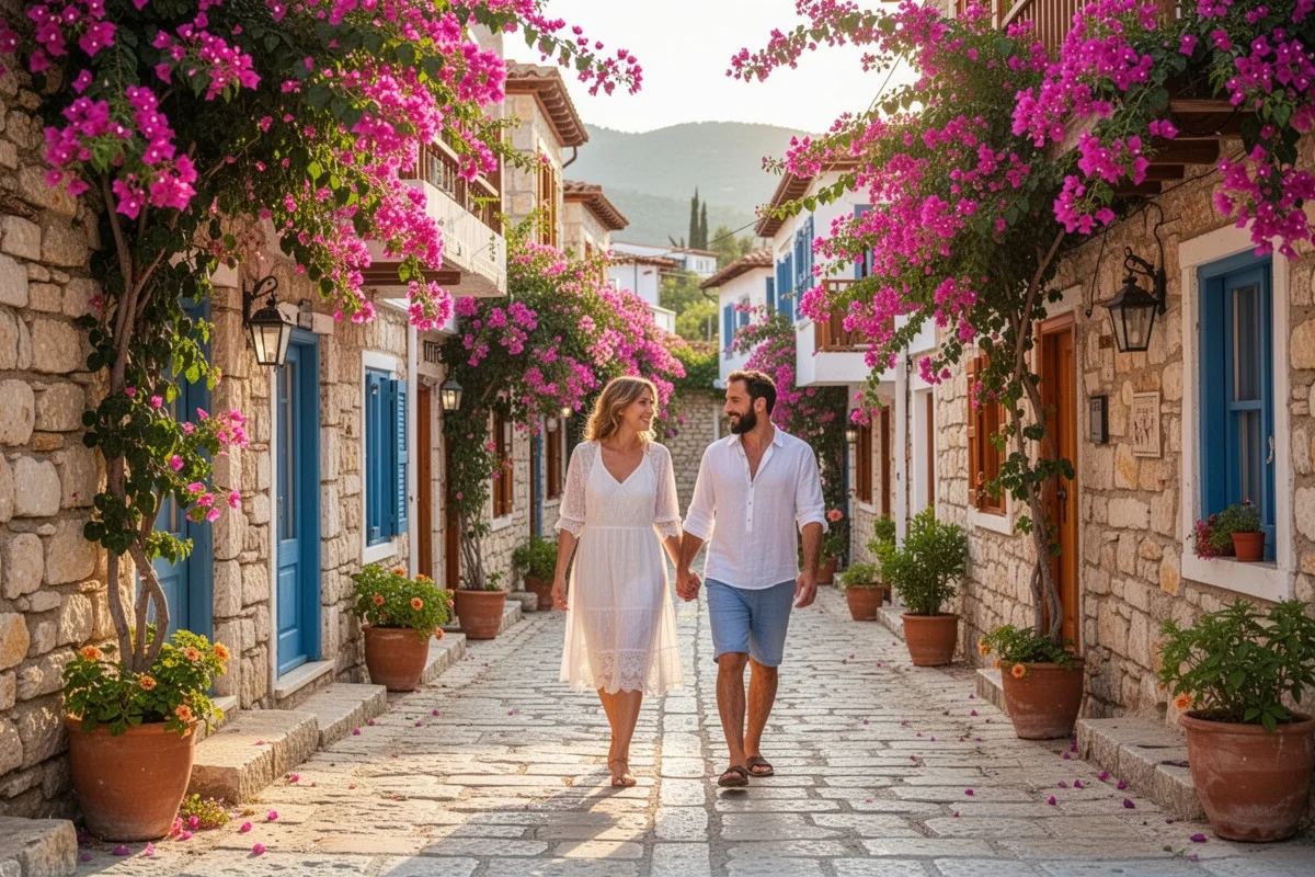 Alacati romantic stone streets couple walking bougainvillea flowers Aegean village