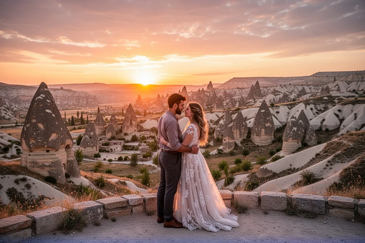 Cappadocia sunset viewpoint romantic couple fairy chimneys golden hour
