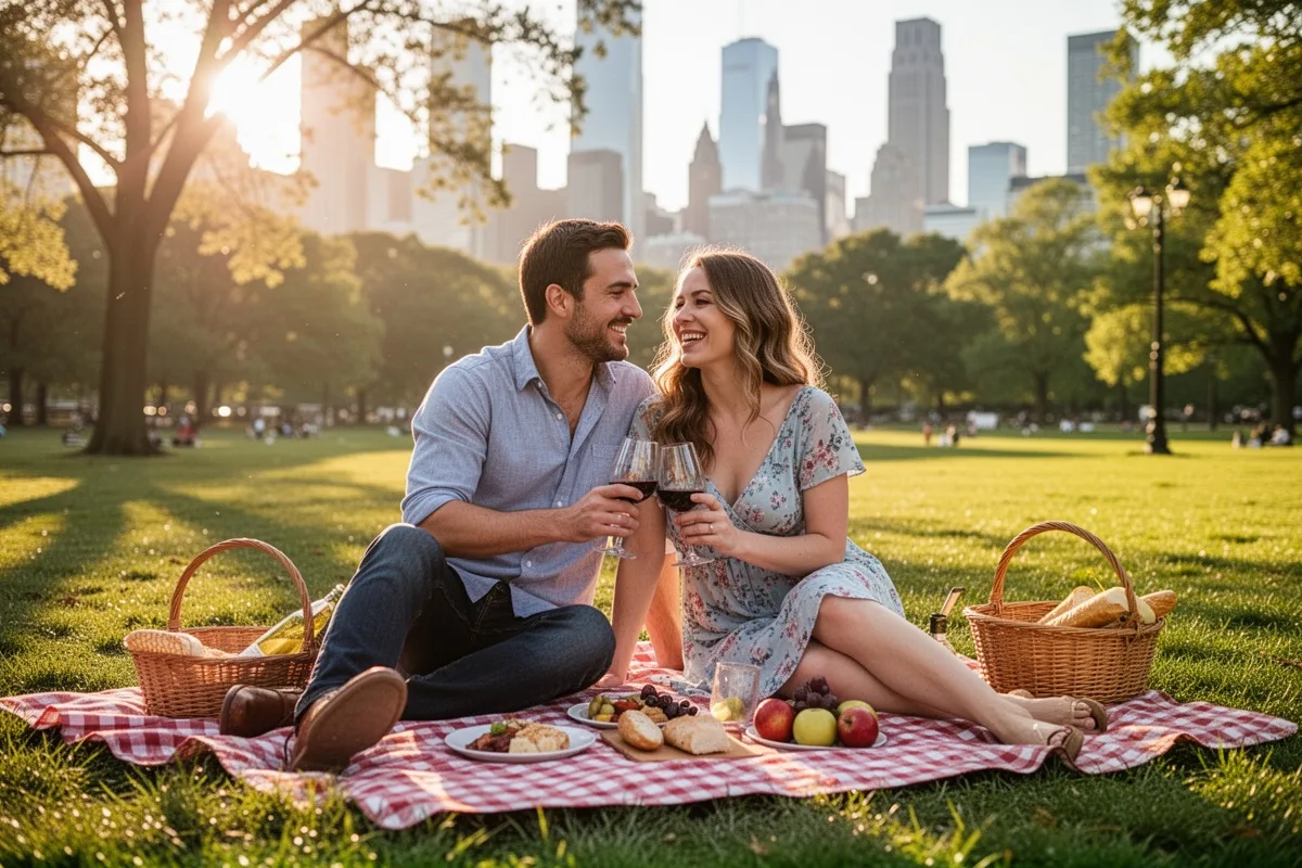 couple enjoying outdoor picnic in park sunshine happy romantic date city background