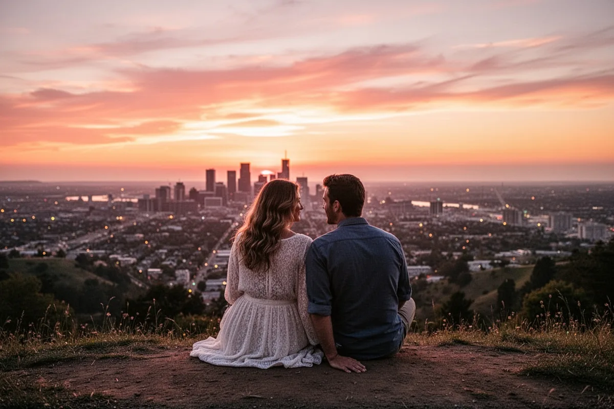 couple watching sunset from hilltop city view romantic outdoor evening