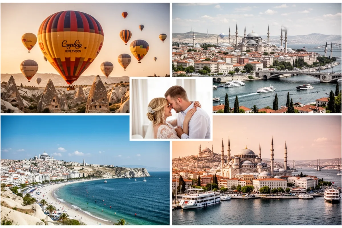 Turkey honeymoon collage Cappadocia balloons Aegean coast Istanbul Bosphorus romantic