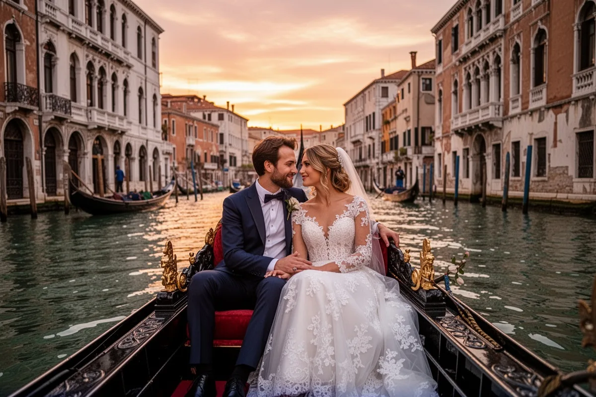 romantic couple in Venice Italy honeymoon gondola ride sunset canal view
