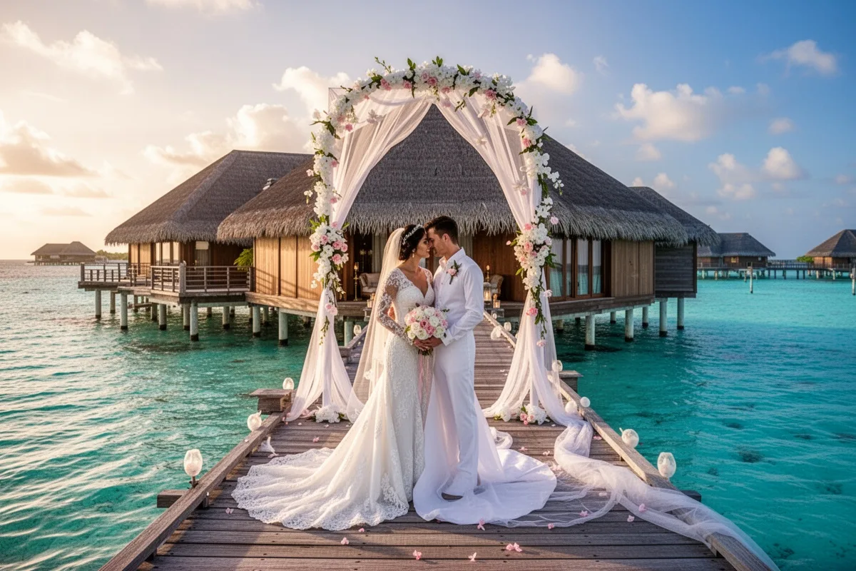 Maldives overwater bungalow honeymoon turquoise water luxury romance